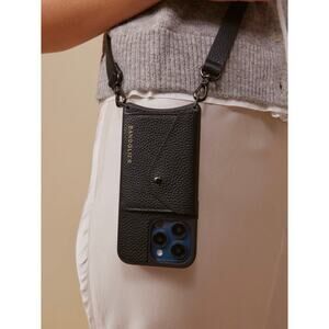 Bandolier Hailey Crossbody iPhone 16 Pro Max Case Black Leather Gunmetal Strap